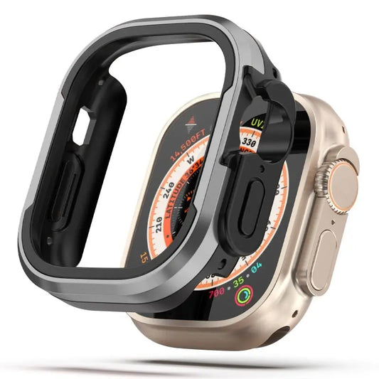 Aluminum alloy frame with TPU bumper case for Apple Watch, offering shockproof protection and style.