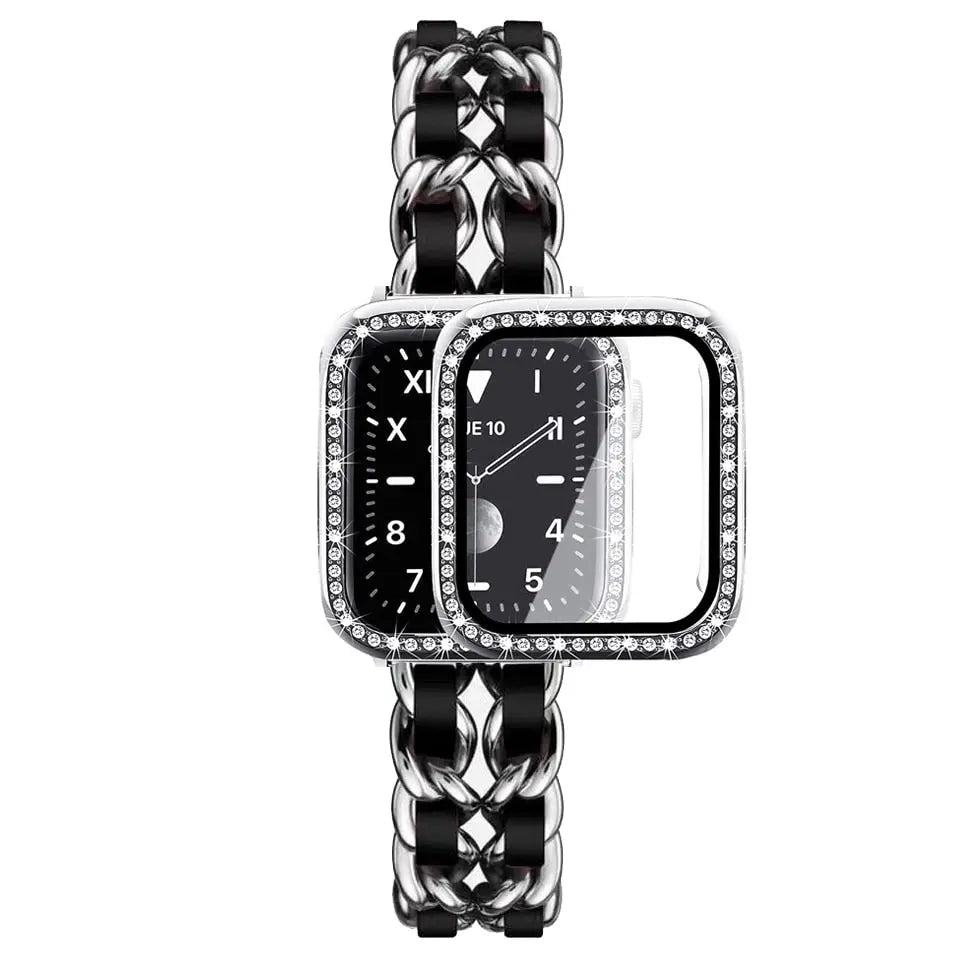 Luxury stainless steel chunky bracelet with black leather strap and rhinestone-adorned Apple Watch case.