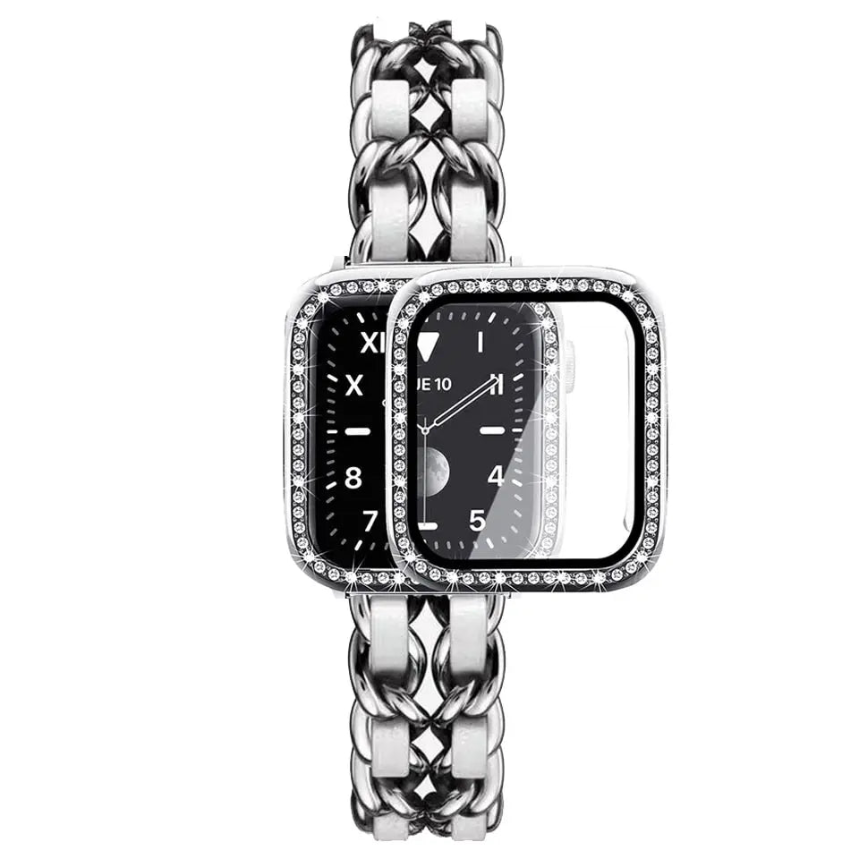 Luxury stainless steel chain bracelet for Apple Watch with rhinestone case and screen protector.