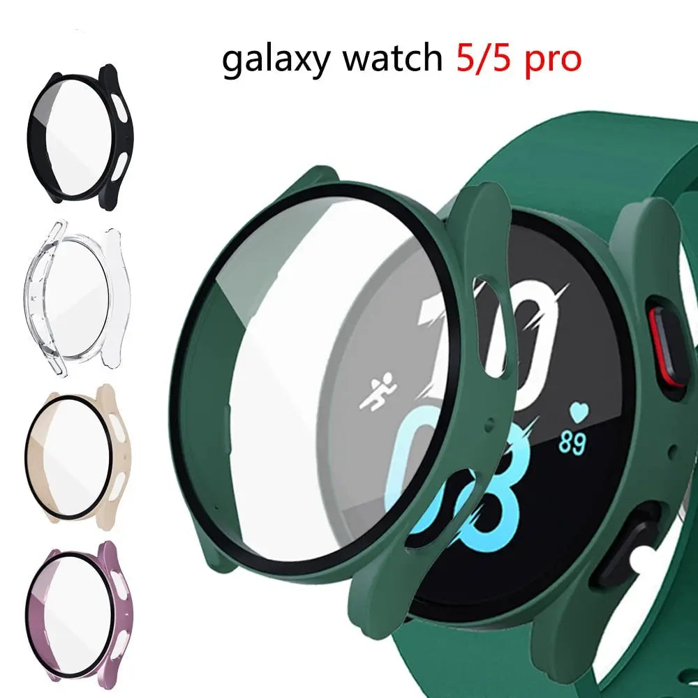 360-degree protection for Galaxy Watch 5/5 Pro with tempered glass screen and PC bumper in various colors.