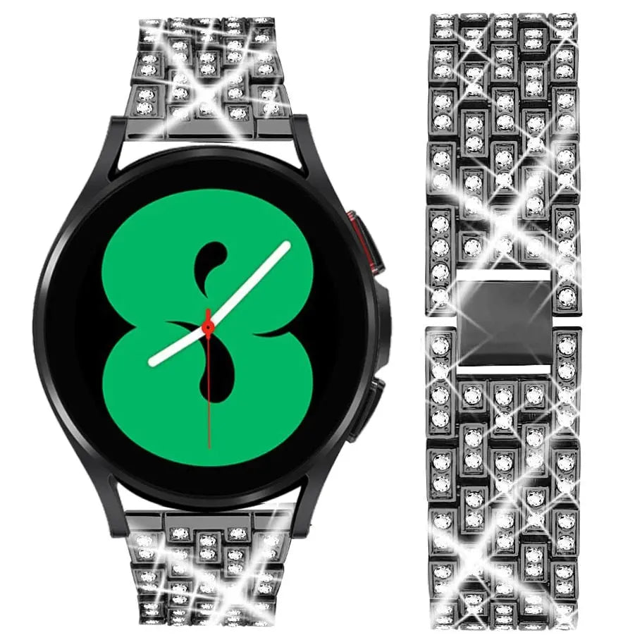 Luxurious diamond-style bracelet for Huawei Watch featuring shiny rhinestones and a vibrant watch face with a green design.