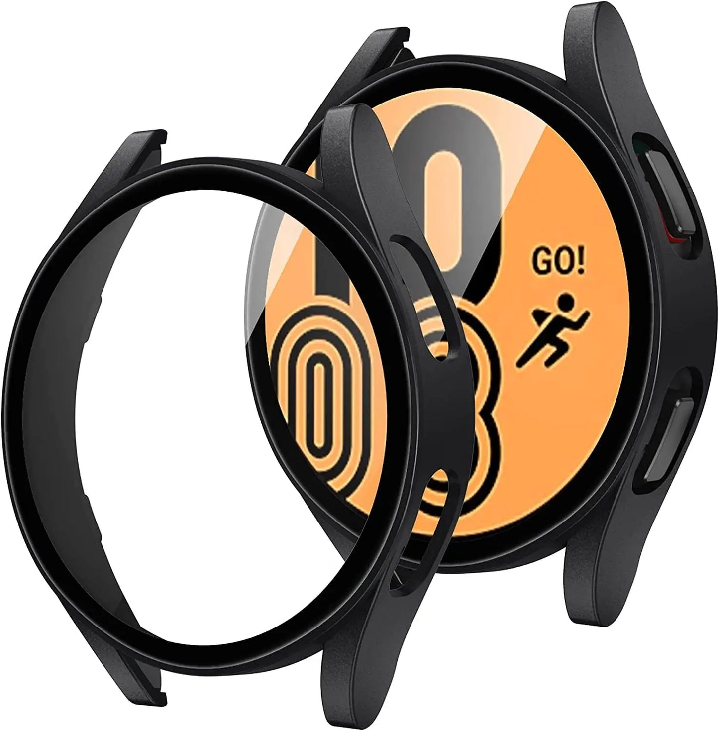 Samsung Galaxy Watch case with screen protector, durable black design for protection and style.