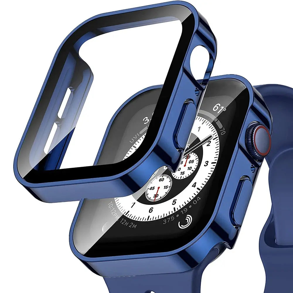 Stylish blue glass case for Apple Watch providing full protection and access to controls.