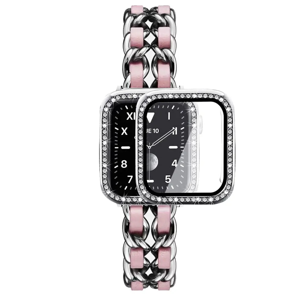 Luxury stainless steel bracelet with rose leather accents and rhinestone-adorned case for Apple Watch.