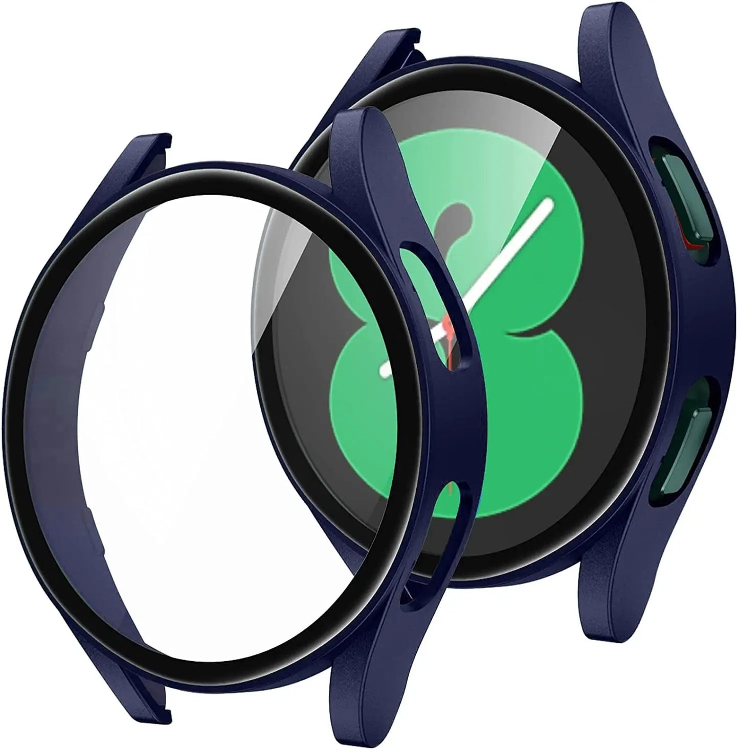 Samsung Galaxy Watch case with screen protector, navy blue design, includes durable glass for enhanced protection.