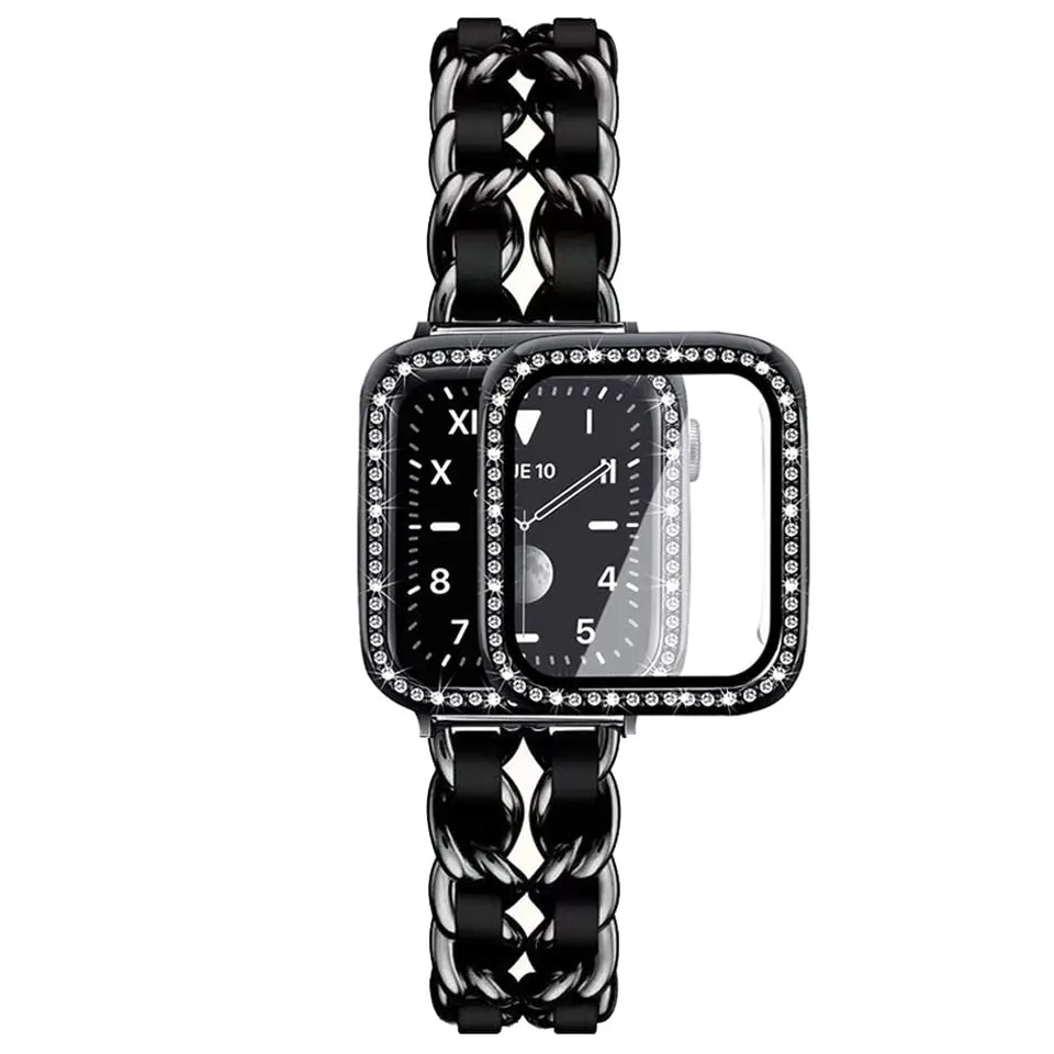 Black stainless steel chunky bracelet with rhinestone-accented case for Apple Watch, showing a stylish design.