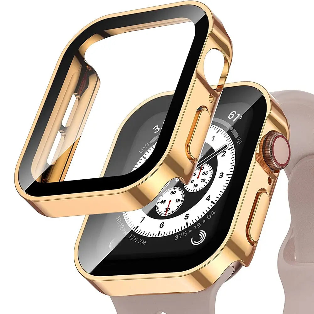 Superstylish glass case for Apple Watch showing durable protection and easy access to features.