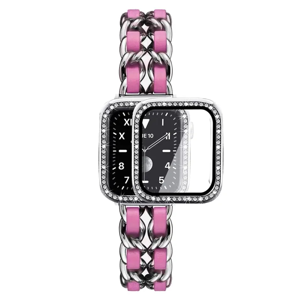 Luxury stainless steel bracelet with rhinestone case and pink leather accent for Apple Watch.