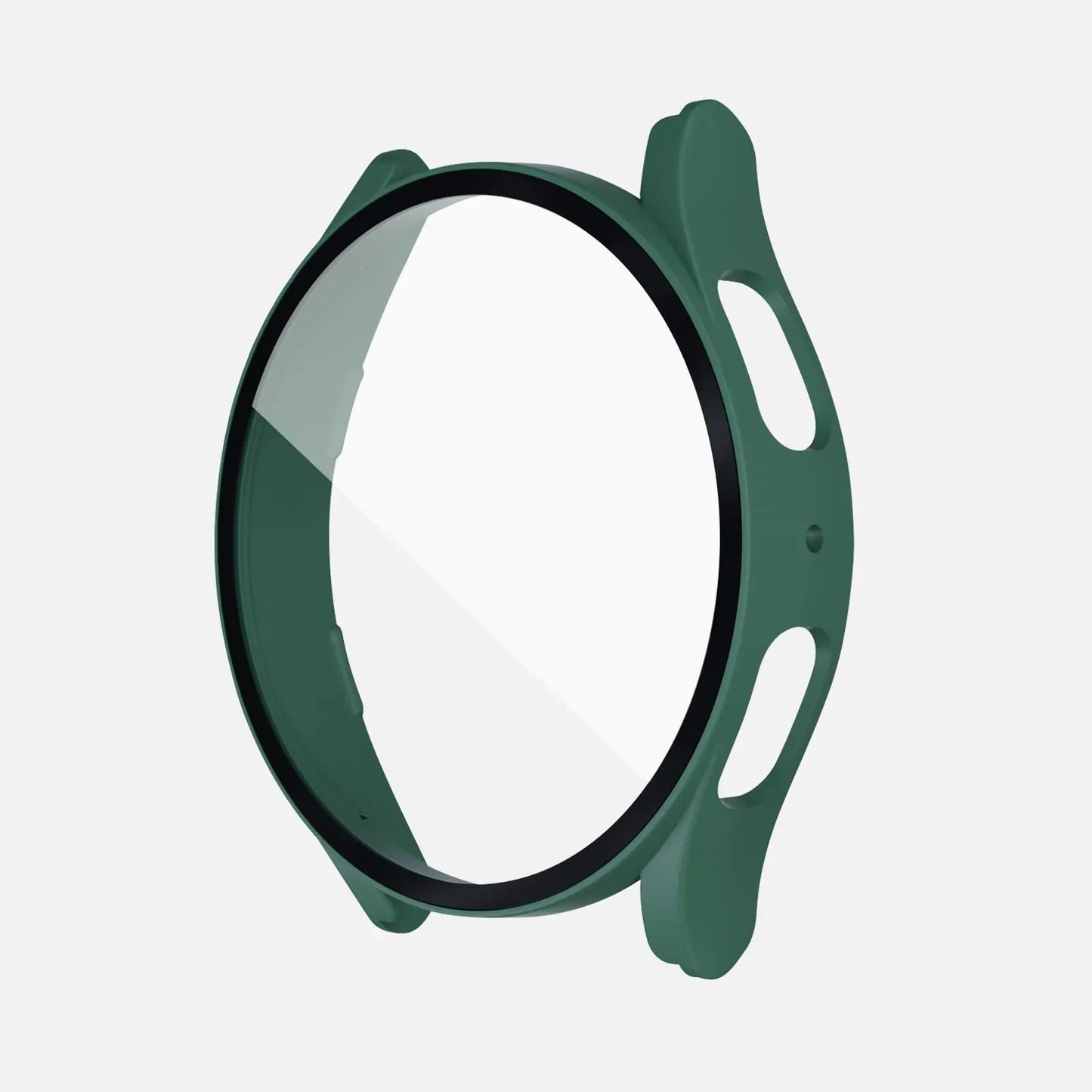 PC case with tempered glass protection for Samsung Galaxy Watch 5, green color, designed for durability and scratch resistance.