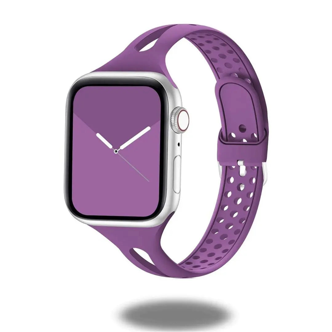 Slim breathable purple silicon band for Apple Watch, stylish and lightweight for everyday wear.