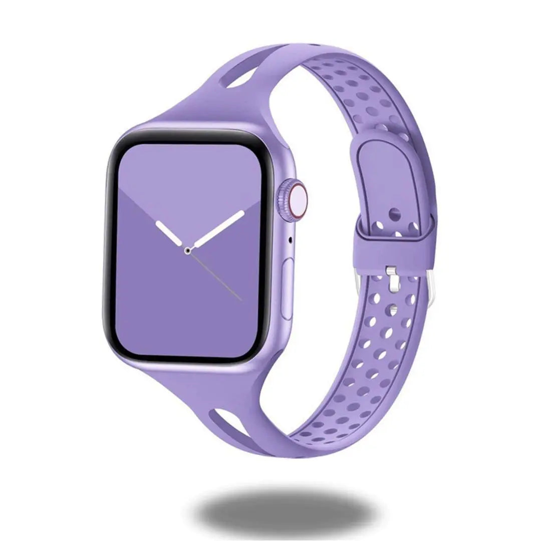 Slim breathable purple silicon band for Apple Watch showcasing sporty style and comfort.