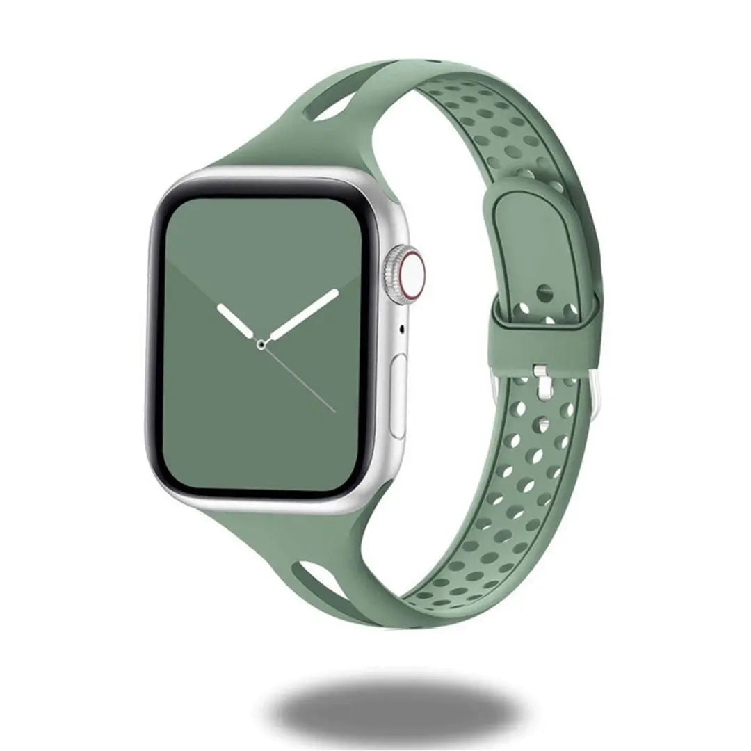 Slim sports breathable silicon band for Apple Watch in green, combining style and comfort for daily wear.
