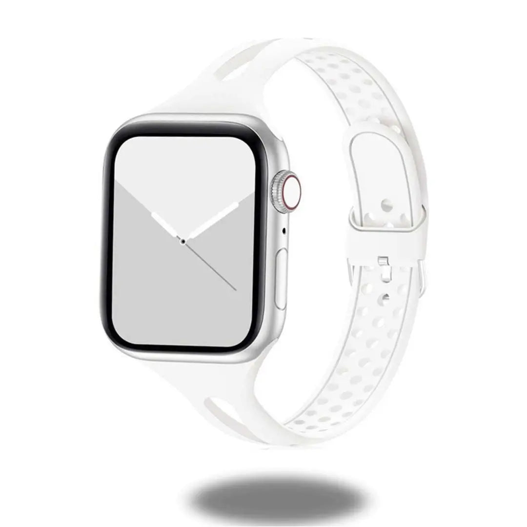 Slim breathable silicon band for Apple Watch in white, showcasing sporty look and lightweight design.