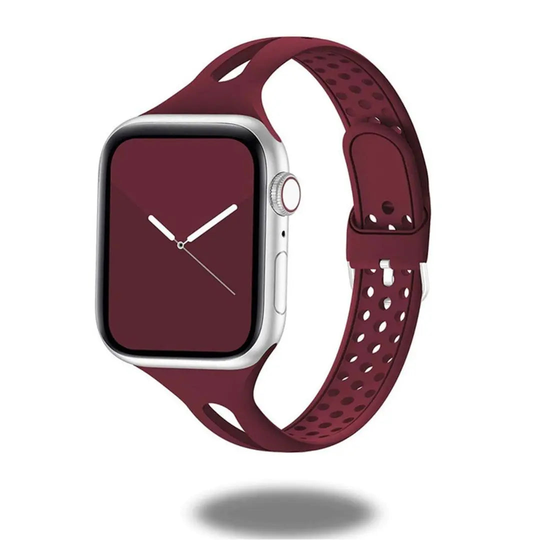 Slim sports breathable bands for Apple Watch in burgundy, featuring perforated design for comfort and style.