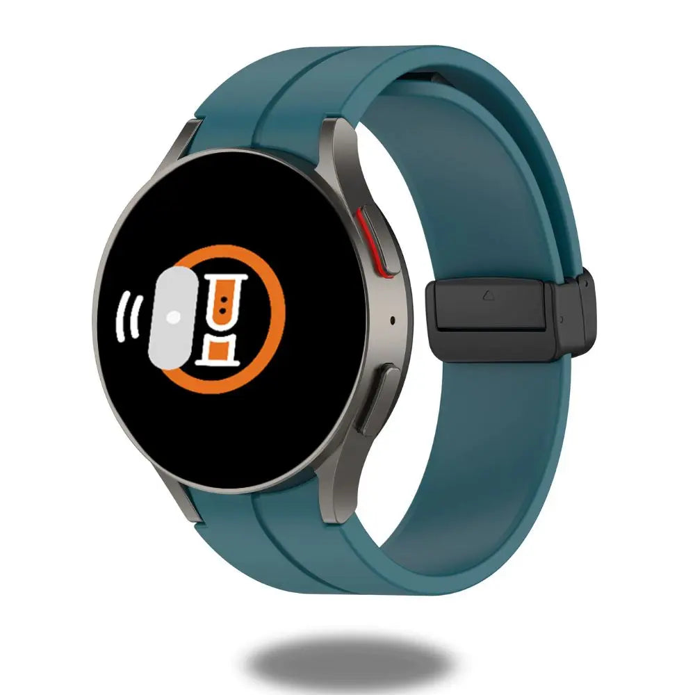 Silicon magnetic clasp band for Samsung Galaxy Watch in teal, showcasing its lightweight, comfortable design and sleek functionality.