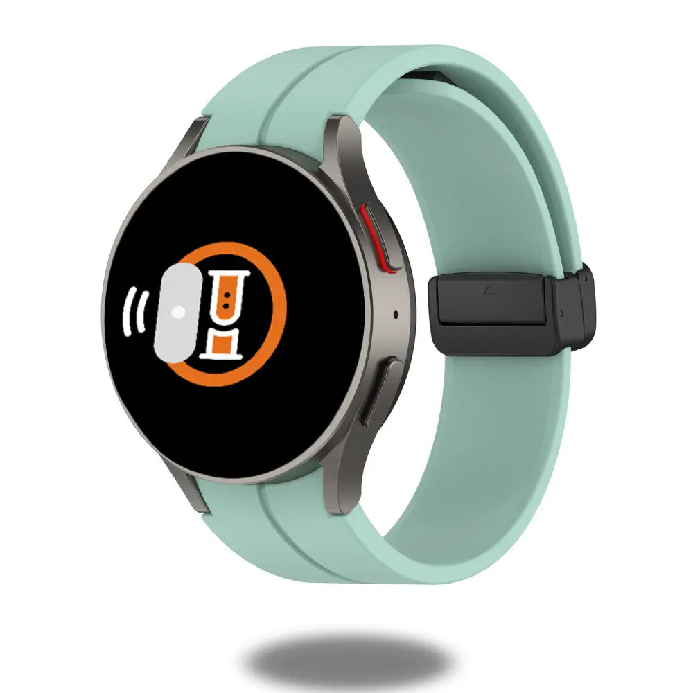 Silicon magnetic clasp band on Samsung Galaxy Watch in teal; comfortable, waterproof, lightweight, perfect for daily wear and sports.