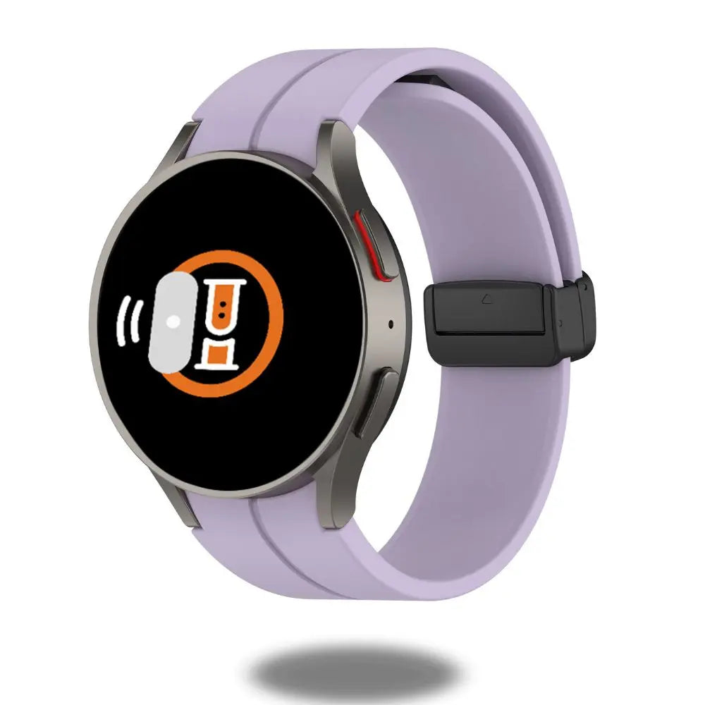 Silicon magnetic clasp band in purple on Samsung Galaxy Watch, showcasing comfort and style for daily wear and sports.