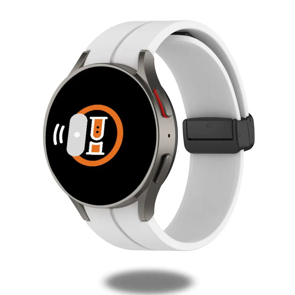 Silicon magnetic clasp band for Samsung Galaxy Watch, featuring a sleek white design and comfortable fit.