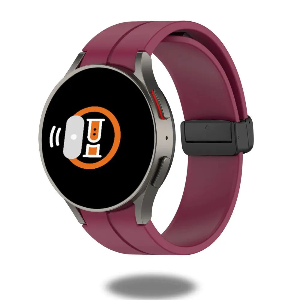Silicon magnetic clasp band for Samsung Galaxy Watch in maroon color, showcasing a sleek design for daily wear and sports.