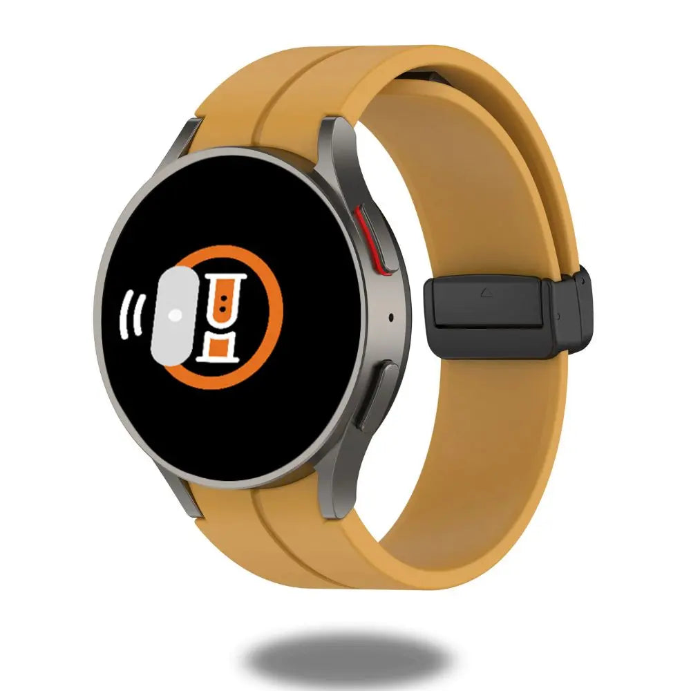 Silicon magnetic clasp band for Samsung Galaxy Watch in vibrant yellow, showcasing a stylish and comfortable design.