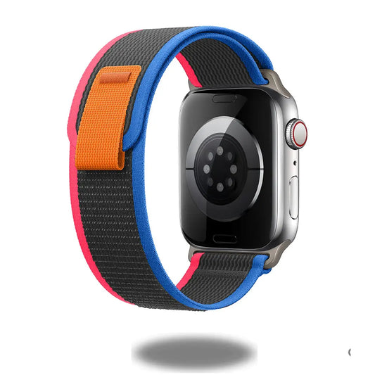Colorful Trail Loop band for Apple Watch, soft nylon weave, lightweight, breathable, and quick-adjusting design.