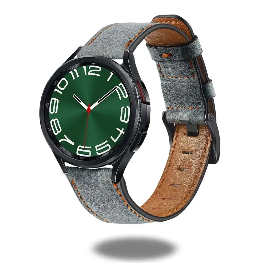 Vintage leather bracelet for Samsung Galaxy Watch 6 with adjustable buckle, crafted for a classic look and hypoallergenic materials.