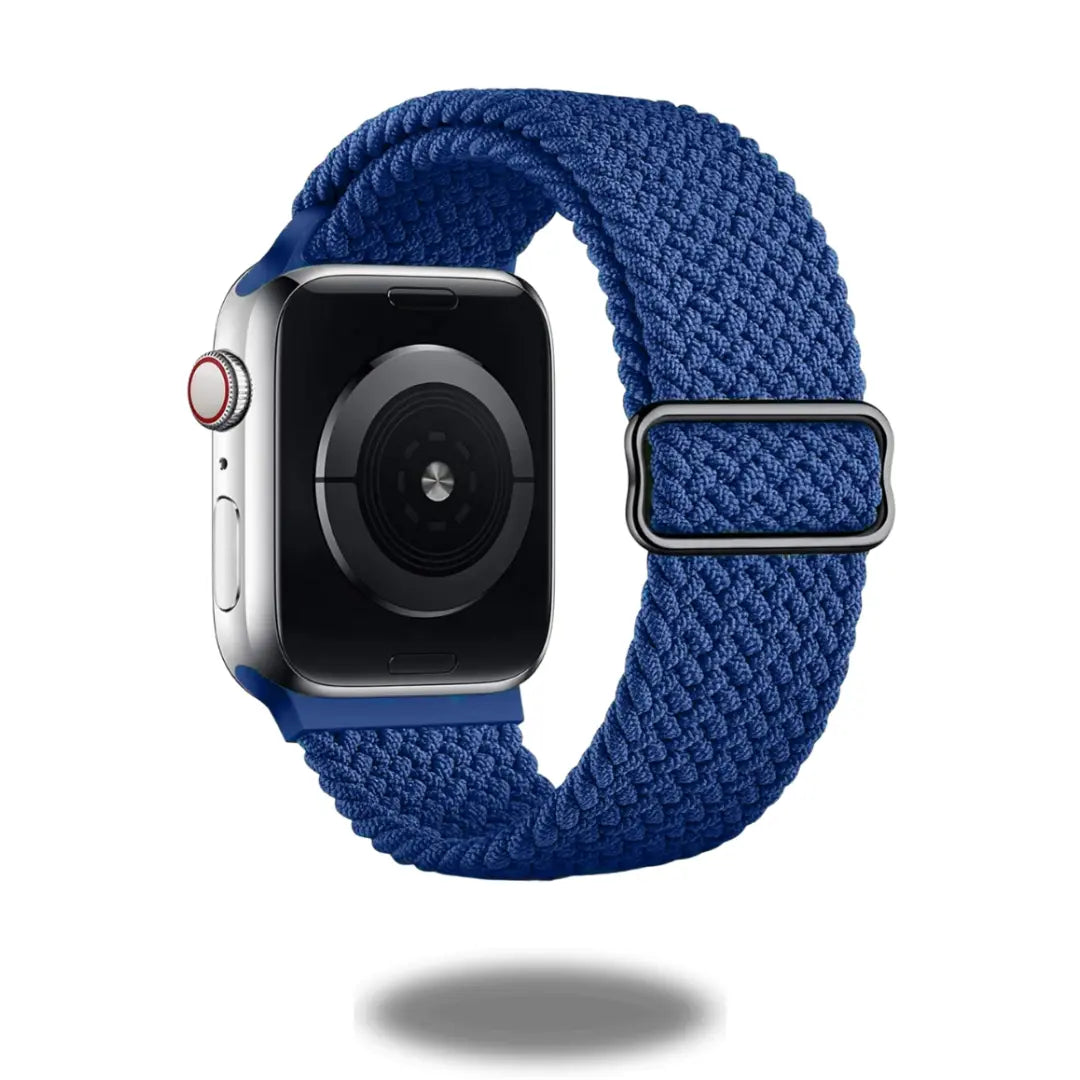 Adjustable braided loop watch band in blue, made from recycled materials with stainless steel buckle for easy size adjustments.