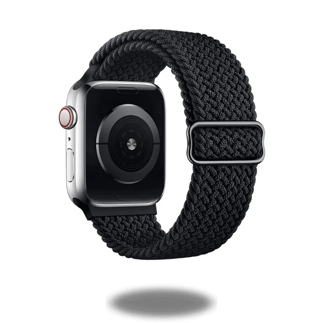 Adjustable braided loop watchband for Apple Watch, made from recycled materials, featuring a stylish stainless steel buckle.