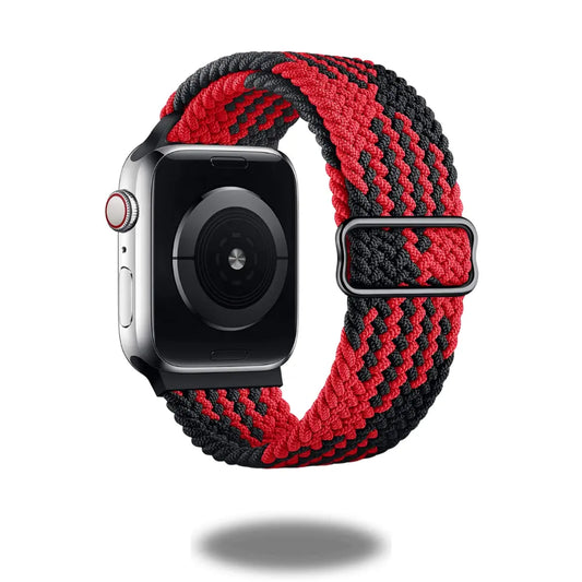 Adjustable braided loop watchband in red and black, made from recycled materials, perfect for exercise and easy to wear.