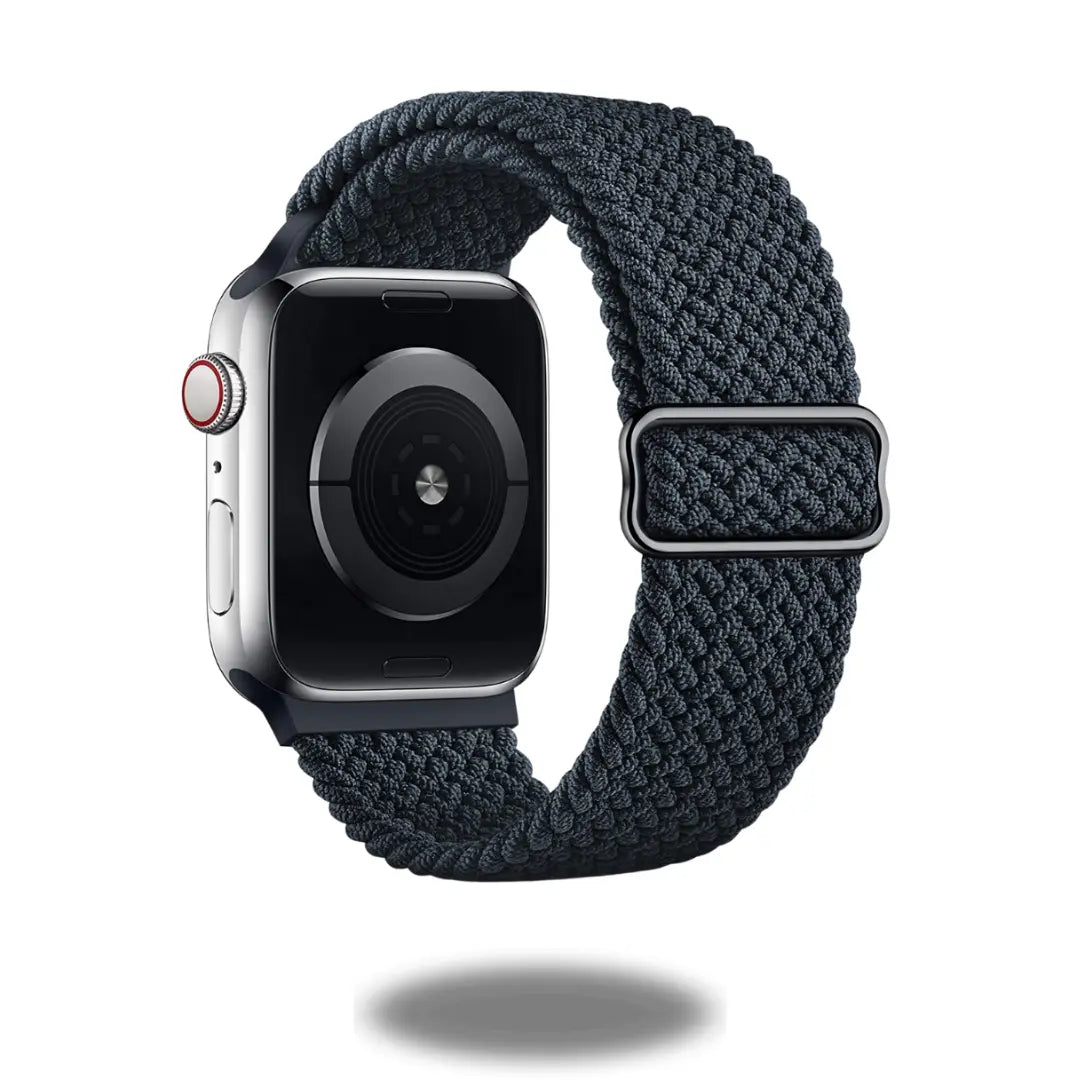 Adjustable braided loop watchband with stainless steel buckle for easy size adjustment and stretchable comfort.
