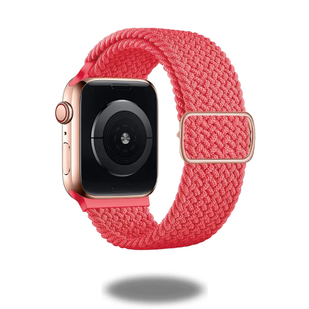Stylish adjustable braided loop watch band in vibrant red, perfect for exercise, made from 100% recycled materials.