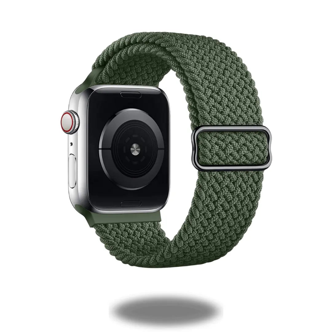 Adjustable braided loop watchband in green with stainless steel buckle, made from 100% recycled materials, ideal for exercise.
