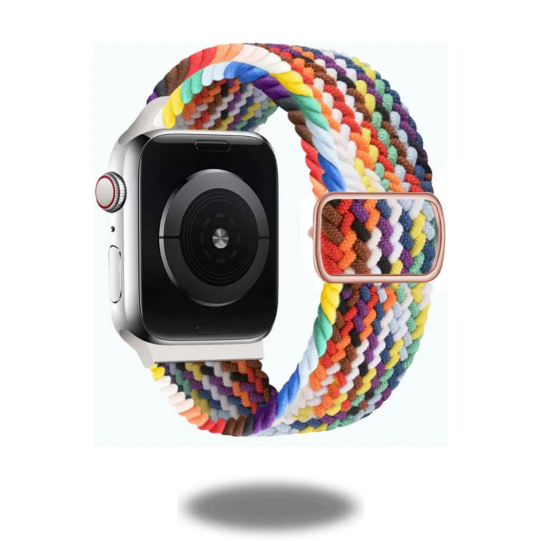 Colorful adjustable braided loop watch band showcasing stylish stainless steel buckle and elastic design.