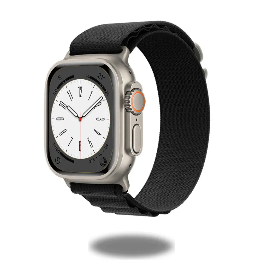 Alpo G Hook Band on Apple Watch, rugged Alpine Loop, perfect for athletes and fitness enthusiasts, black textile strap.