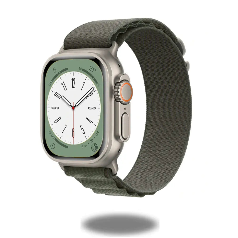Alpo G Hook Band on an Apple Watch, showcasing rugged Alpine Loop design for fitness enthusiasts.