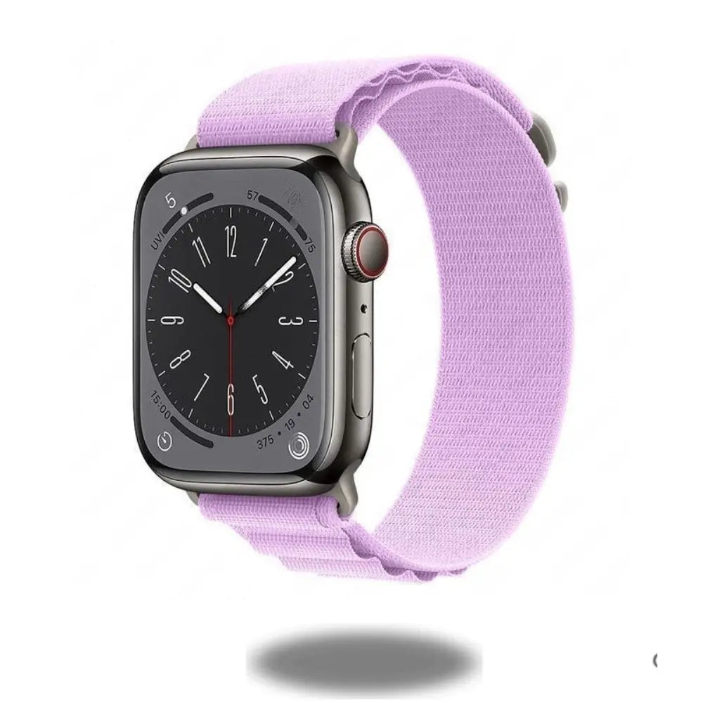 Alpo G Hook Band on smartwatch, featuring a rugged purple Alpine Loop for athletes and fitness enthusiasts.
