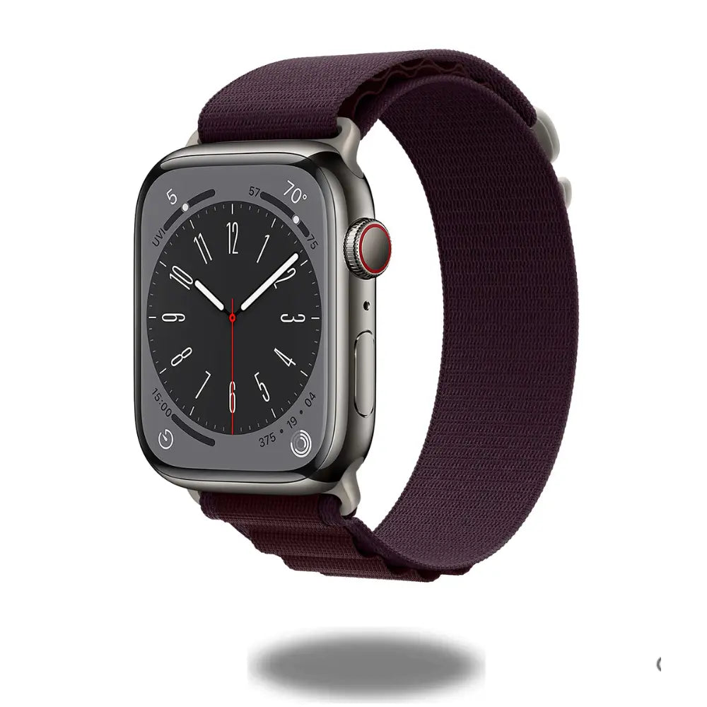 Alpo G Hook Band for Apple Watch, rugged Alpine Loop in burgundy, ideal for athletes and fitness enthusiasts.