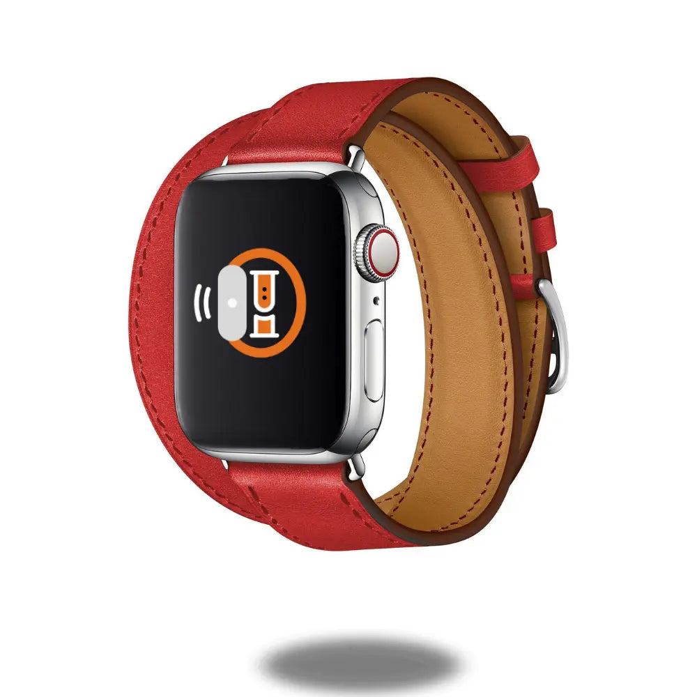Double Tour Leather Bracelet for Apple Watch in red, showcasing equestrian design and unique double wrap style.