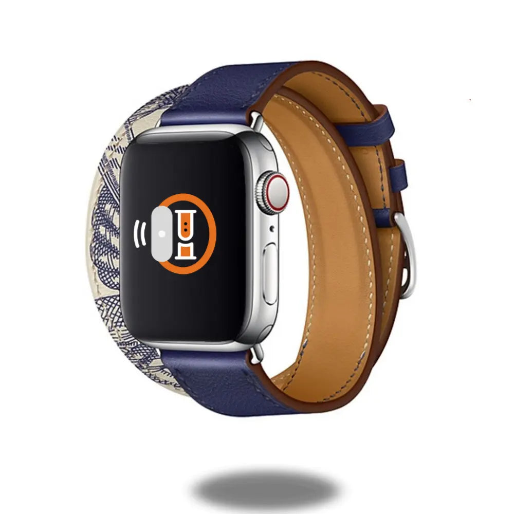Double Tour Leather Bracelet for Apple Watch with blue leather and equestrian design, stylish wrap-around replacement band.