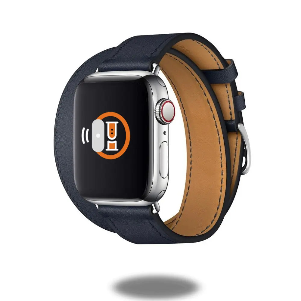 Double Tour Leather Bracelet for Apple Watch in navy, showcasing equestrian style and comfortable wrap design.