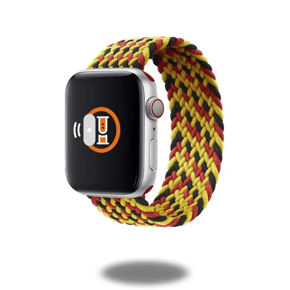 Braided Solo Loop Band for Apple Watch in vibrant red, yellow, and black design, perfect for style and comfort.