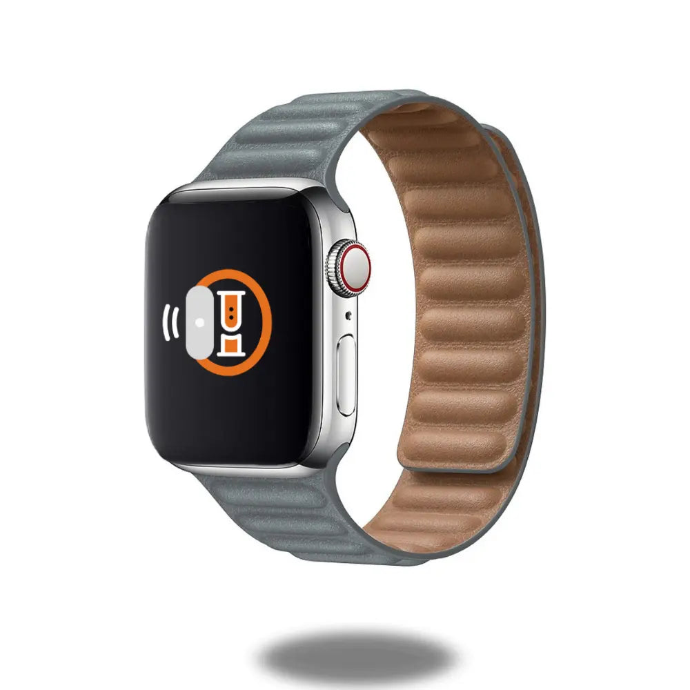 Apple Watch with Two-Tone Leather Link Band showcasing handcrafted Roux Granada leather and flexible molded magnets.