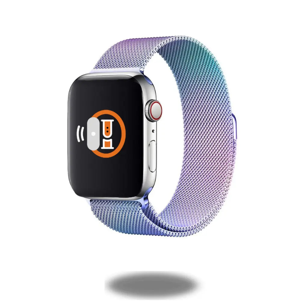 Modern metal mesh loop watch band in sleek stainless steel, reflecting style and adjustable for a perfect wrist fit.
