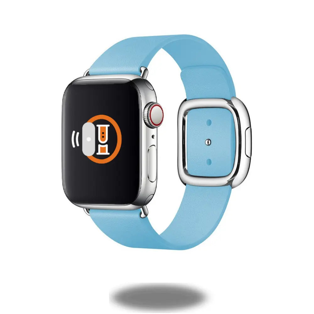 Modern buckle bands in soft blue leather for Apple Watch, featuring a magnetic closure and unibody design.