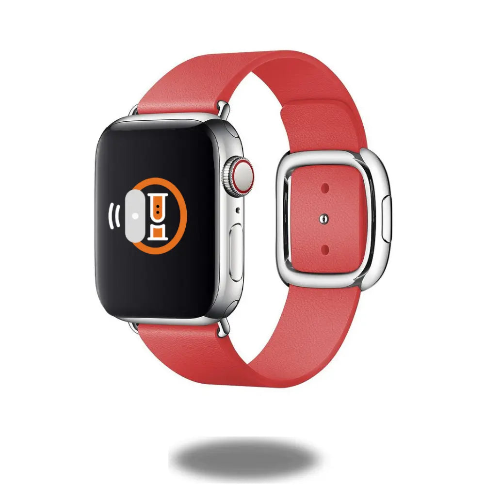Modern buckle bands in red top-grain leather for Apple Watch, featuring durable magnetic closure and unibody design.