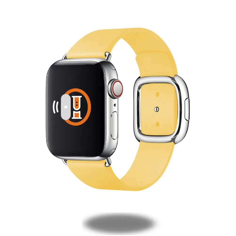 Apple Watch with modern buckle band in yellow, featuring smooth top-grain leather and magnetic closure for easy assembly.