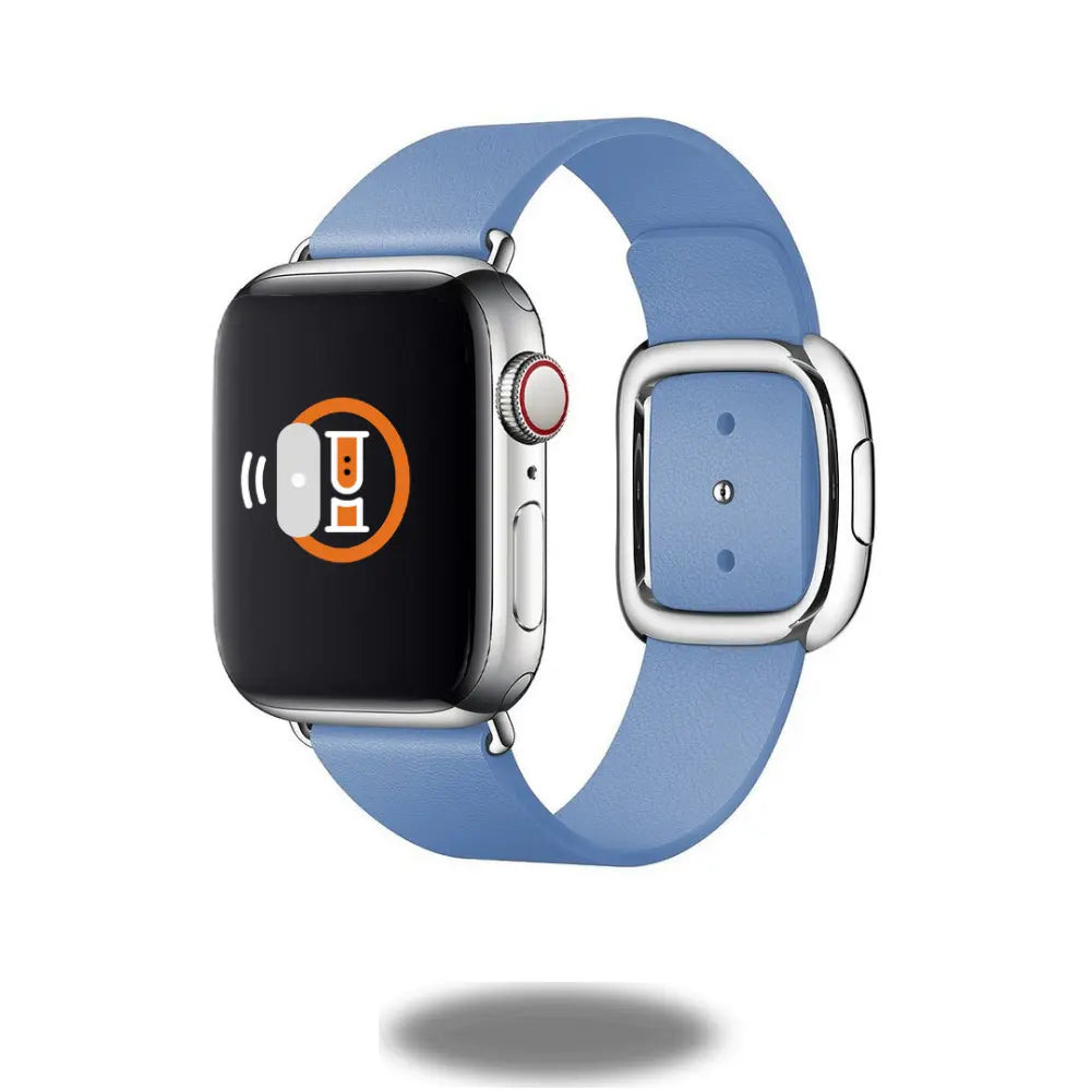 Modern Buckle Band in blue for Apple Watch, featuring smooth leather and magnetic closure for easy assembly.