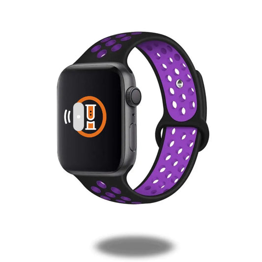 Durable silicone active sport band for Apple Watch, breathable design, purple color, ideal for workouts.
