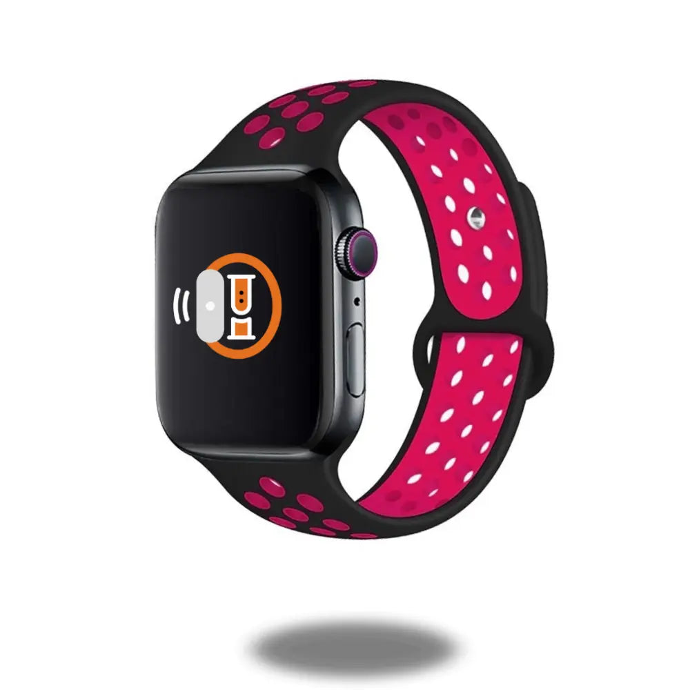 Silicone active sport band for Apple Watch in black and pink, breathable, waterproof, skin-friendly design.