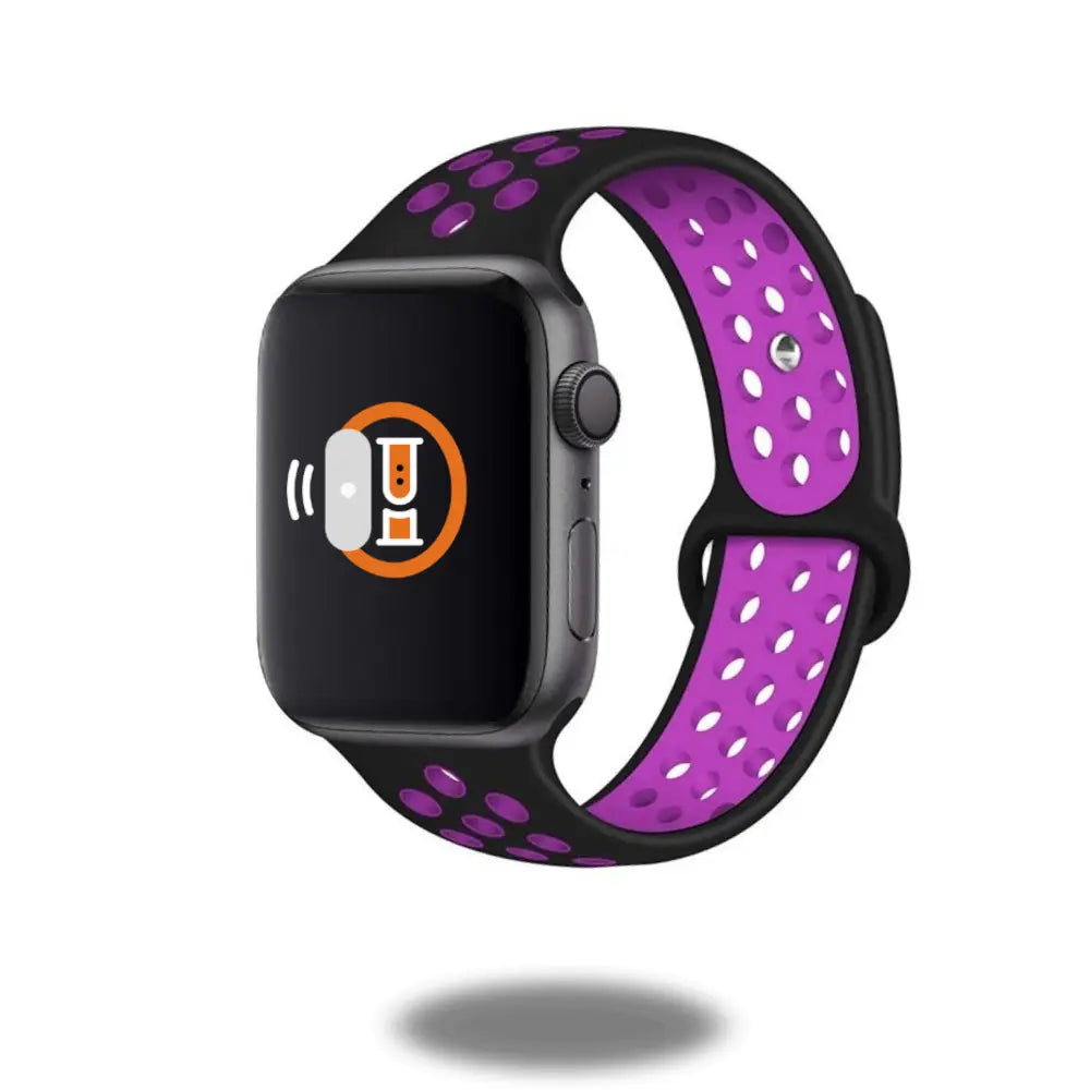 Sport Silicon Band for Apple Watch in black and purple with breathable holes for comfort and style.